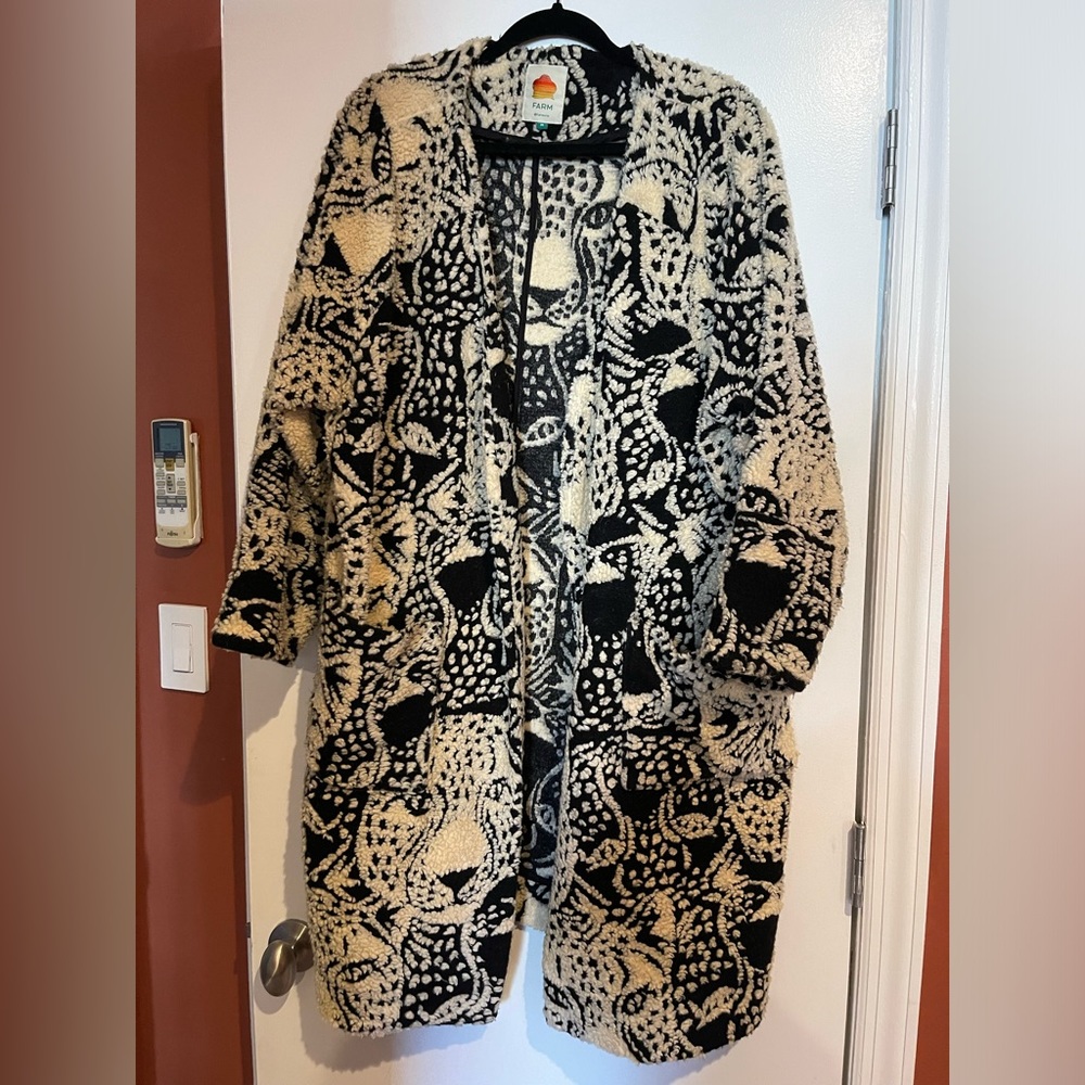 Farm Rio Midnight Leopard Fleece Coat Jacket Sweater Black White Medium